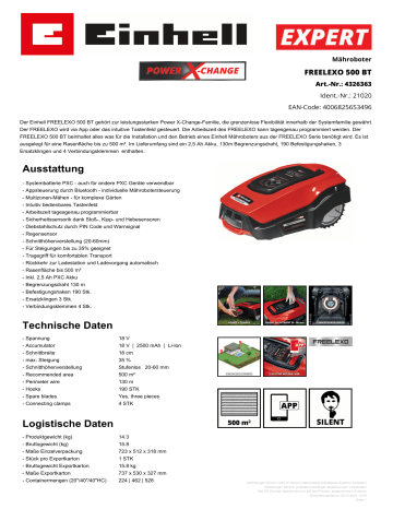 EINHELL FREELEXO 500 BT Robot Lawn Mower Produktdatenblatt | Manualzz