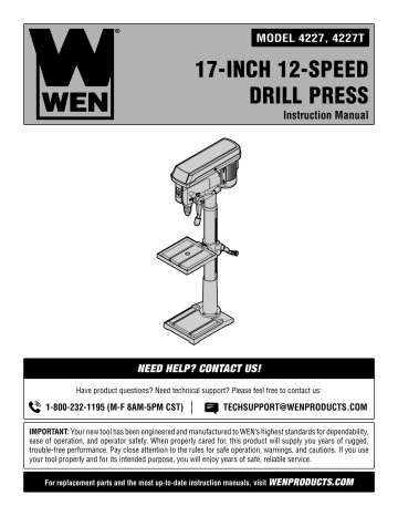 WEN 4227T 13-Amp 17-Inch 12-Speed Floor Standing Drill Press Instruction manual | Manualzz