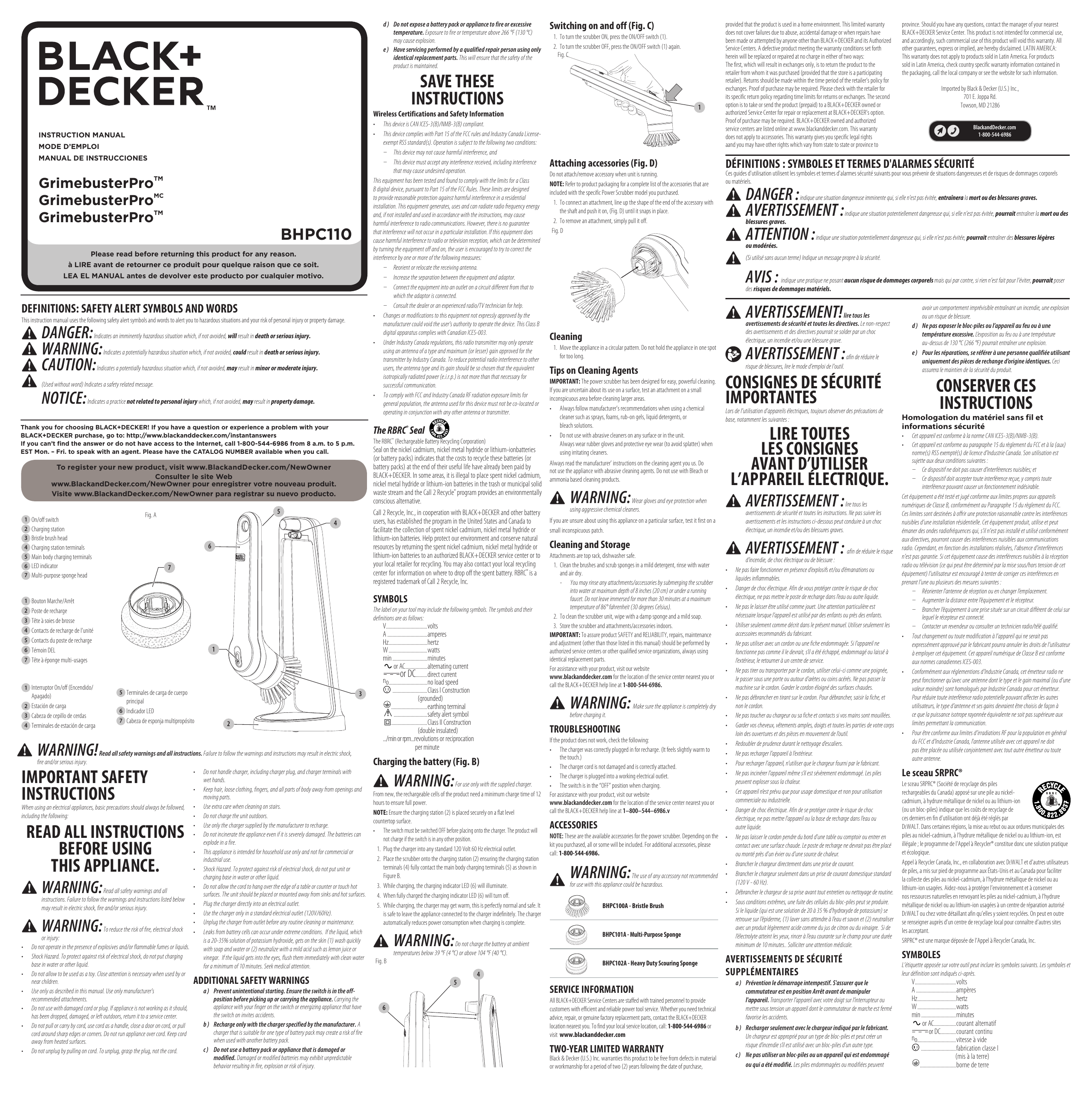 BLACK DECKER BHPC130 Grimebuster Cordless Powered Scrubber Instruction  Manual