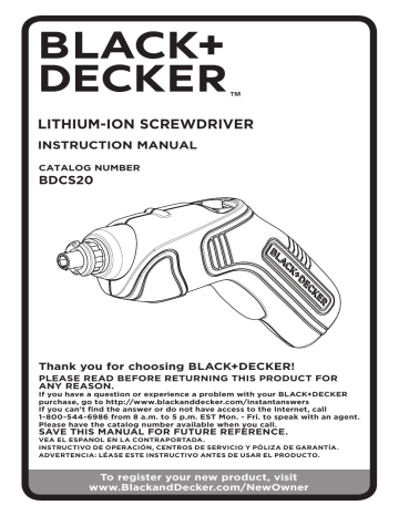 Black Decker BDCS20 Screwdriver Instruction Manual Manualzz