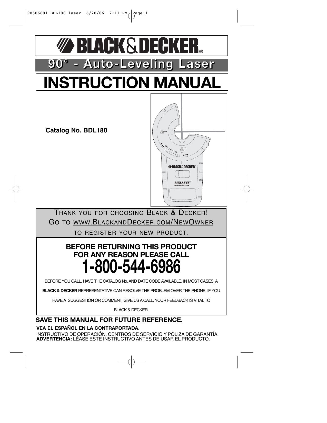 Black & Decker BDL190S Laser Instruction manual