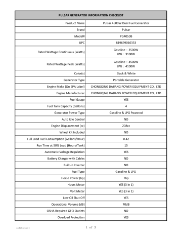 Pulsar PG4500B 4500W Dual-Fuel Generator 规范 | Manualzz