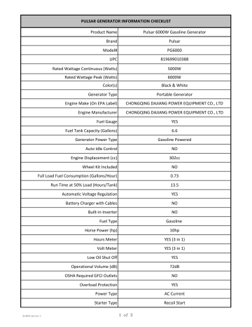 Pulsar PG6000 6000W Gas Generator Specification | Manualzz