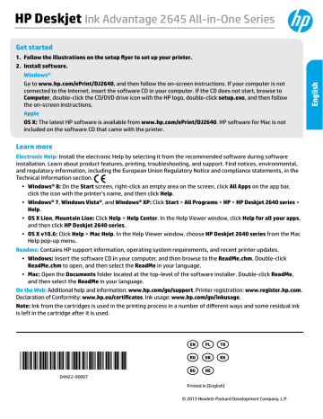 HP Deskjet Ink Advantage 2640 All-in-One Printer series Ръководство за работа | Manualzz