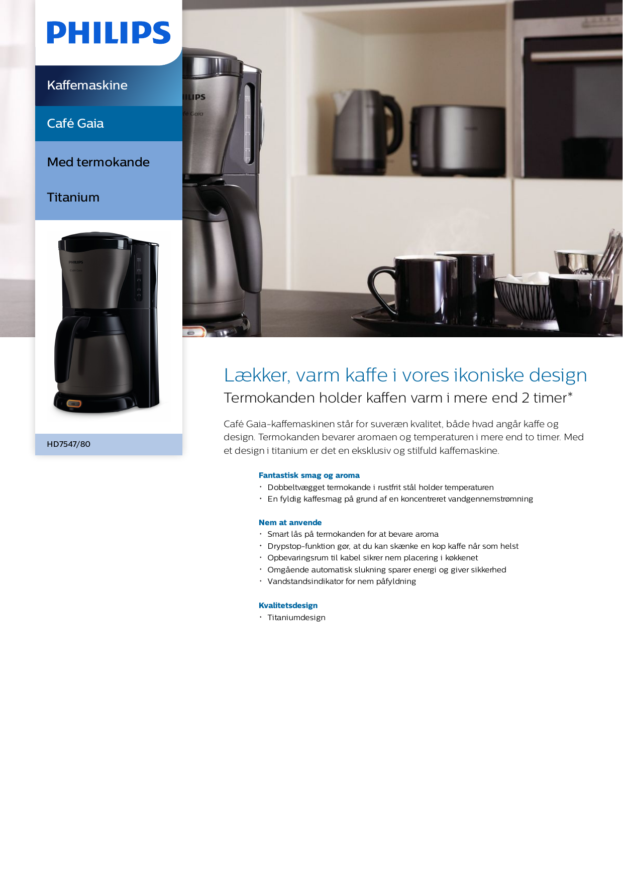 Philips HD7547/80 Café Gaia Kaffemaskine Brugermanual |