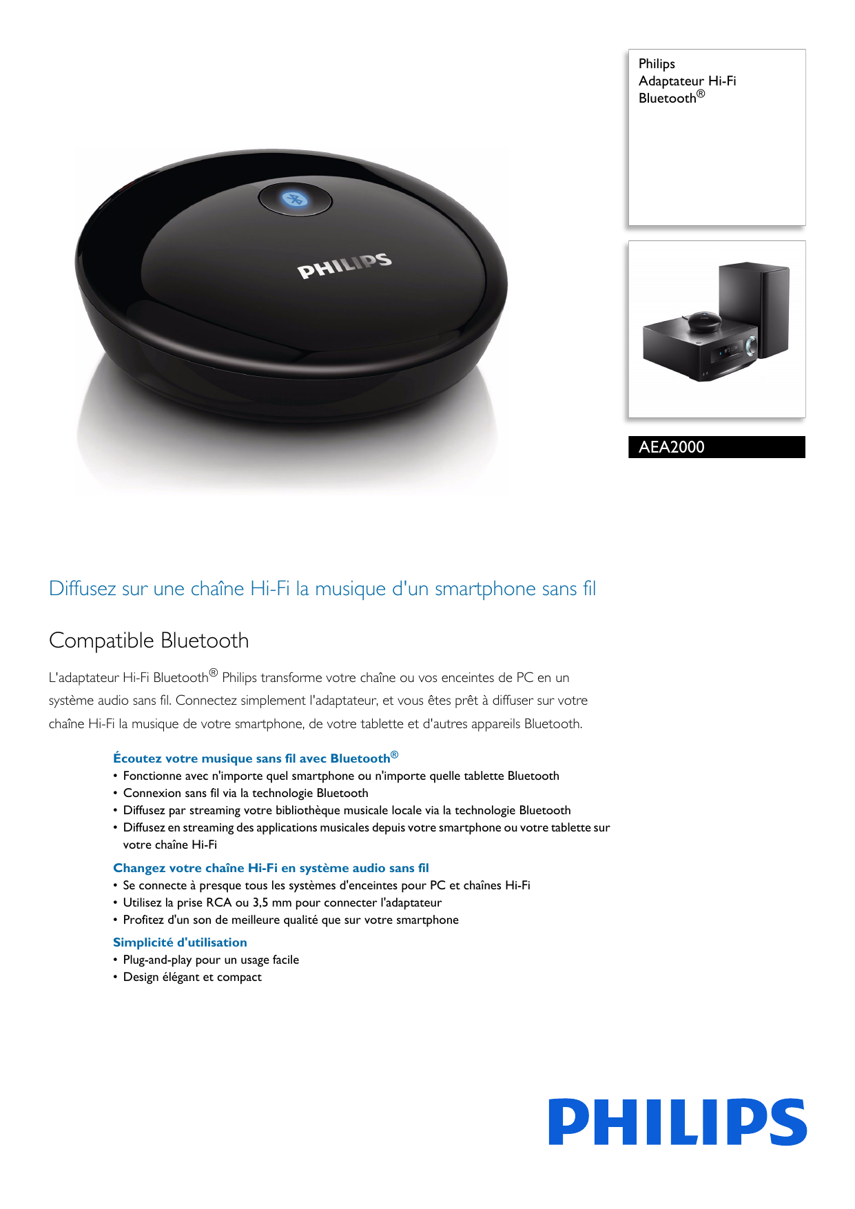 Philips AEA2000/12 Adaptateur Hi-Fi Bluetooth® Fiche technique de