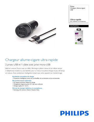 Philips DLP2357U/10 Chargeur allume-cigare USB Fiche technique de produit | Manualzz