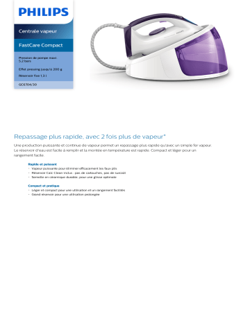 Philips GC6704/30 FastCare Compact Centrale vapeur Fiche technique de ...