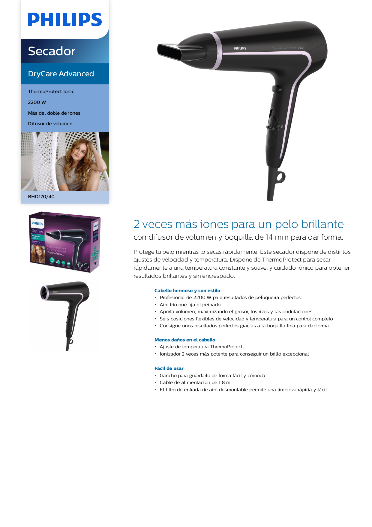 Philips BHD170/40 DryCare Advanced Secador Manual de usuario | Manualzz