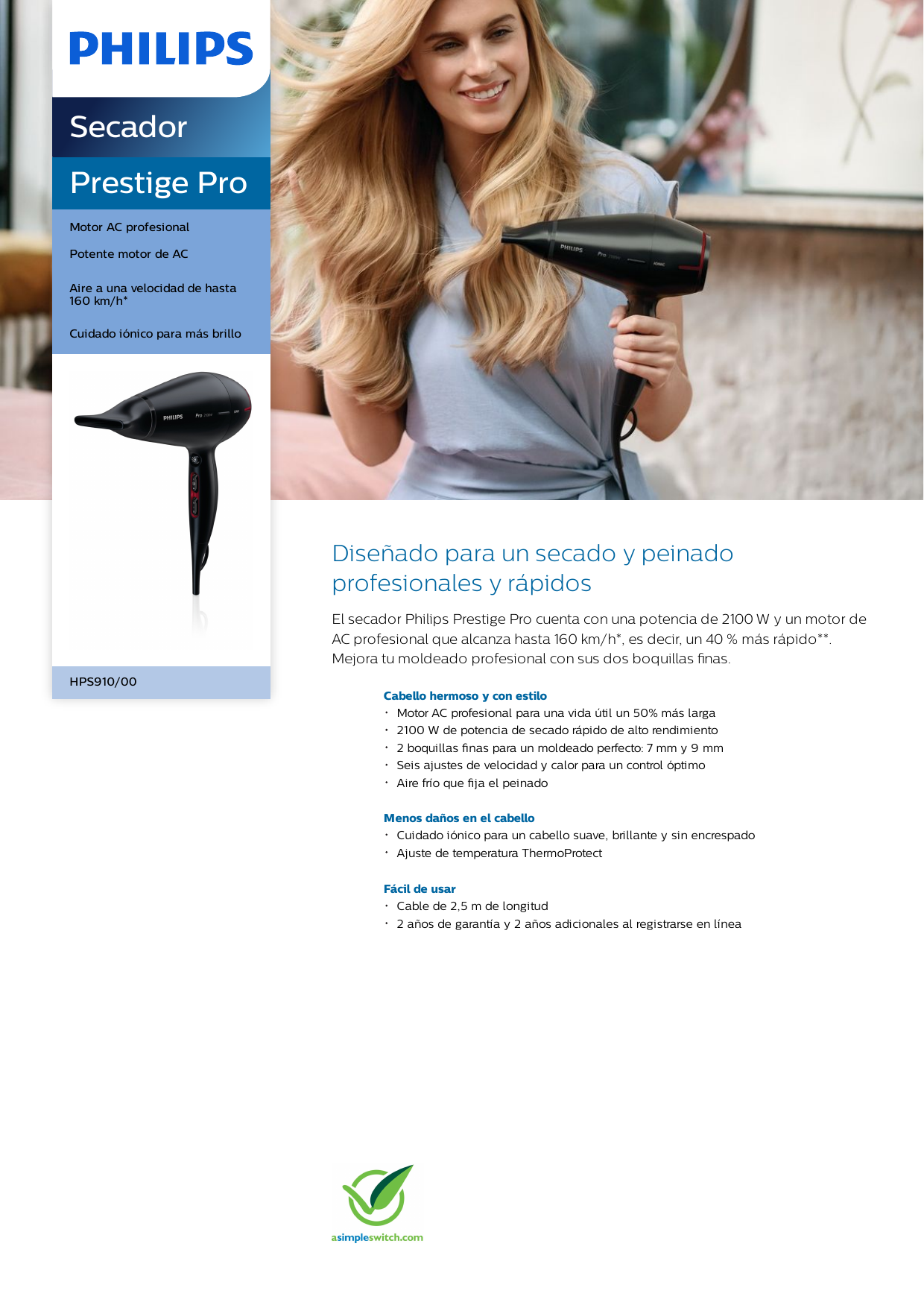 Philips HPS910/00 Prestige Pro Secador Manual de usuario | Manualzz