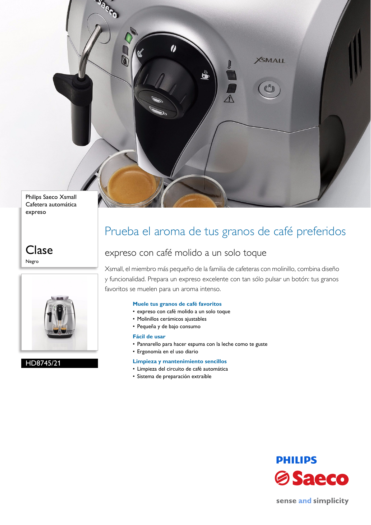 Saeco HD8745/21 Saeco Xsmall Cafetera espresso súper automática Manual de  usuario | Manualzz