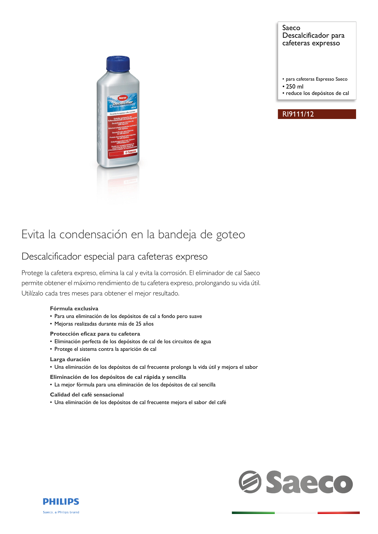 Saeco RI9111/12 Saeco Descalcificador para cafeteras espreso Manual de  usuario | Manualzz