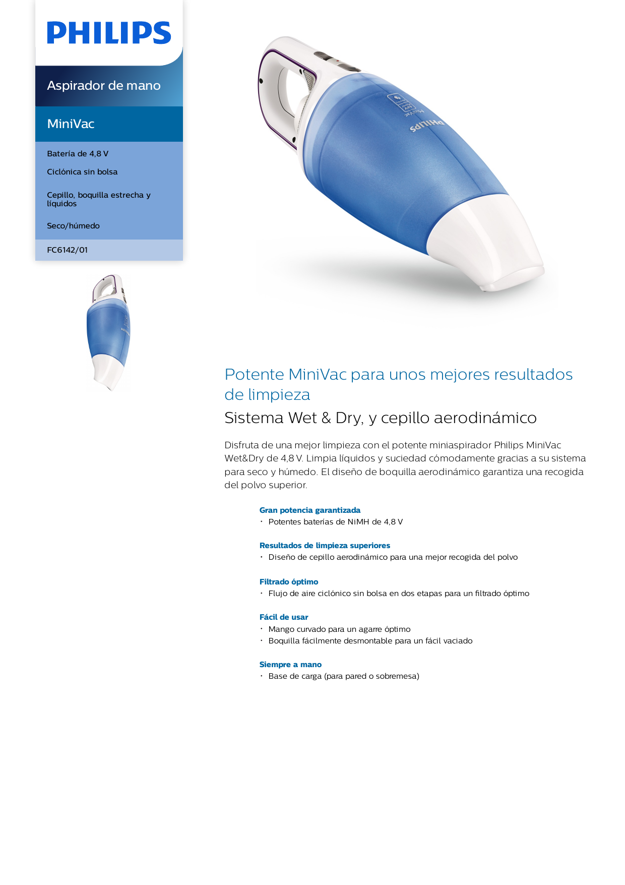Philips FC6142/01 MiniVac Aspirador de mano Manual de usuario | Manualzz