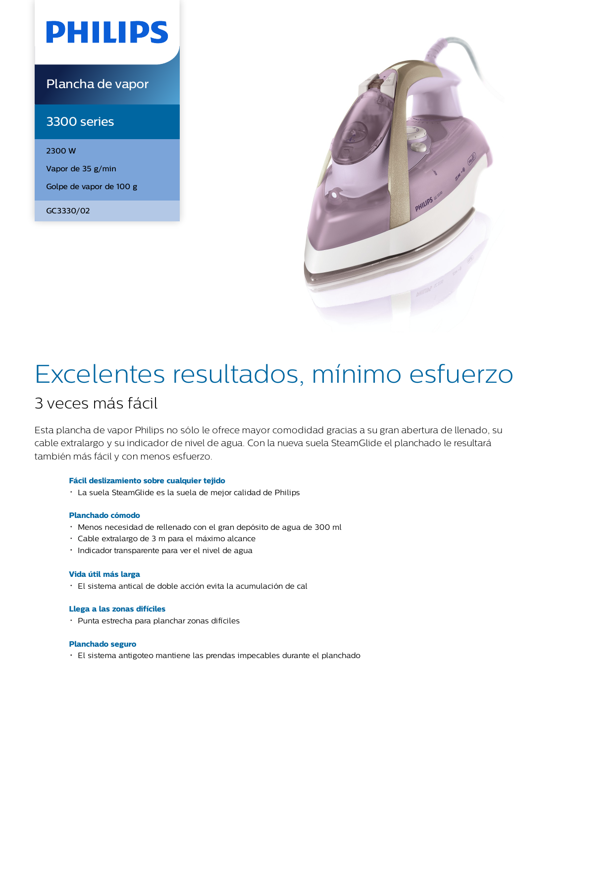 Philips GC3330/02 3300 series Plancha de vapor Manual de usuario | Manualzz