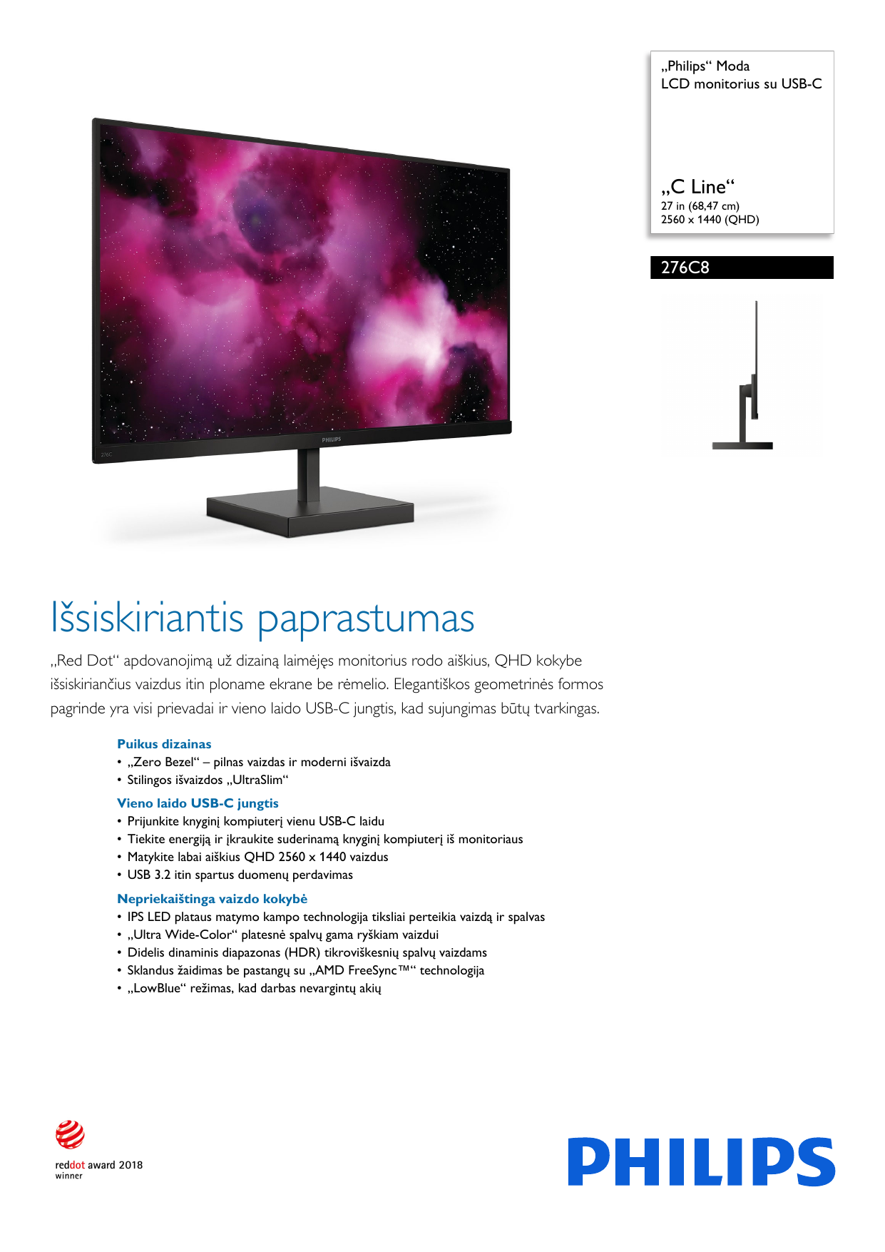 Philips 276C8/00 Moda LCD monitorius su 