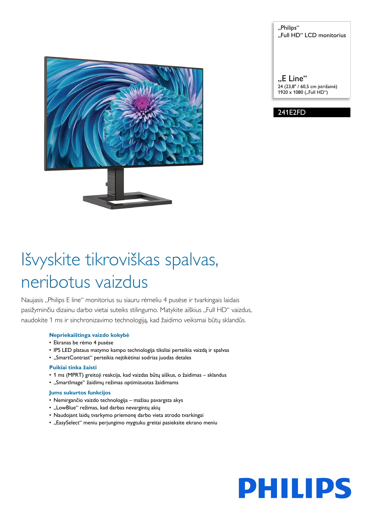 Philips 241E2FD/01 „Full HD“ LCD monitorius Vartotojo vadovas | Manualzz