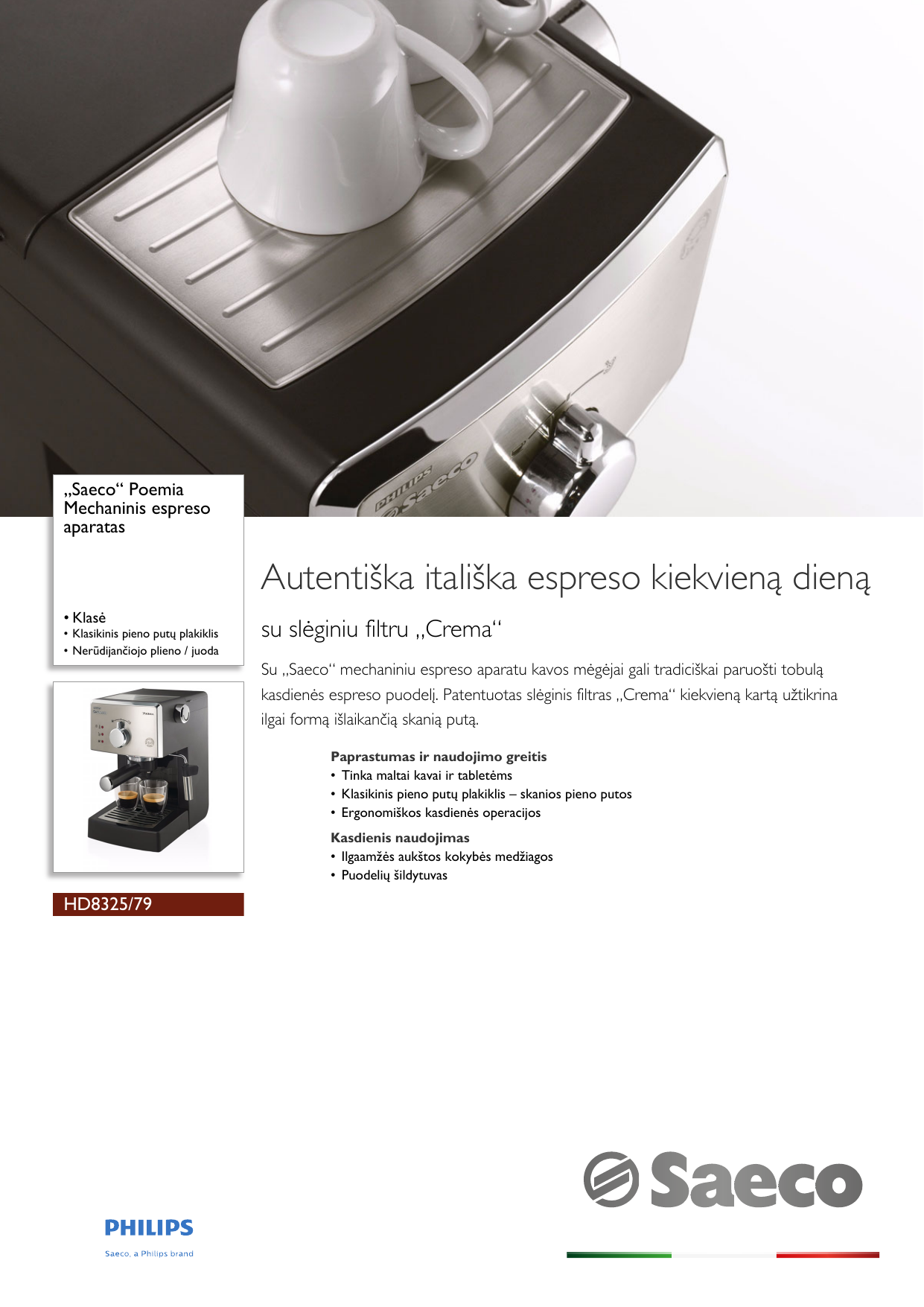 Saeco HD8325/79 Saeco Mechaninis espreso aparatas Vartotojo vadovas |  Manualzz