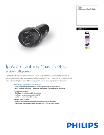 Philips DLP2357/10 USB automašīnas lādētājs Produktu datu lapa | Manualzz