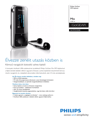 Philips SA1MXX04K/02 GoGEAR MP3 lejátszó Product Datasheet | Manualzz