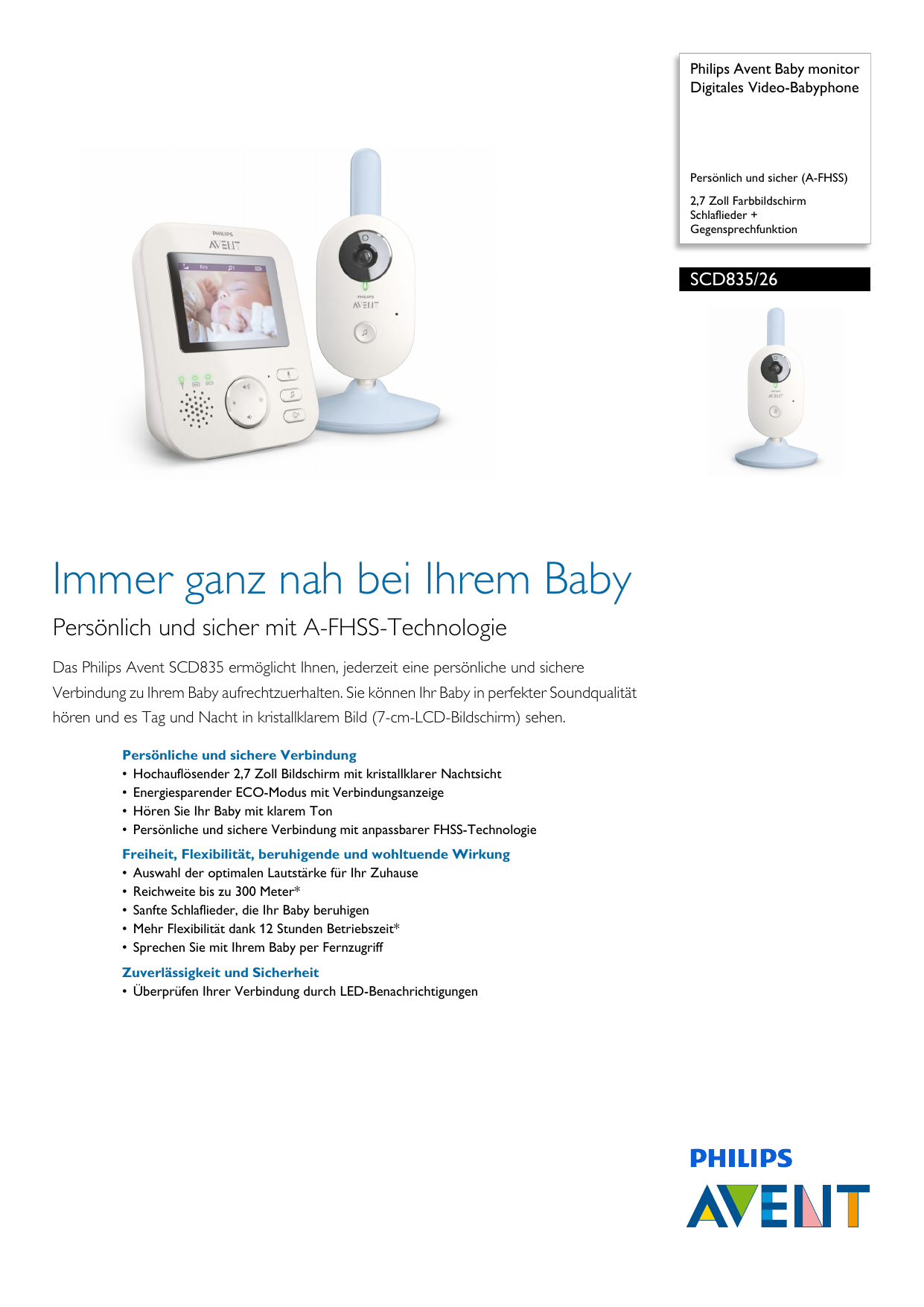 Digitales SCD835/26 | Manualzz monitor Avent Produktdatenblatt Video-Babyphone Avent Baby
