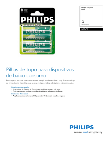 Philips R20-P2/01B LongLife Pilha Folha de dados do produto | Manualzz