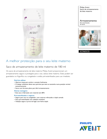 Avent SCF603/25 Avent Sacos de armazenamento de leite materno Folha de dados do produto | Manualzz