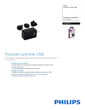 Philips DLP2610T/00 Potovalni polnilnik USB Podatkovni list izdelka | Manualzz
