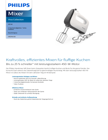 Philips HR3741/00 Viva Collection Mixer Produktdatenblatt | Manualzz