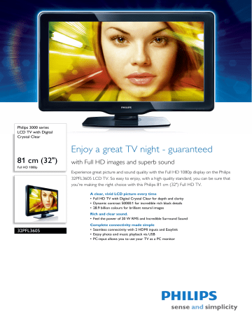 Philips 32PFL3605/12 LCD TV Product Datasheet | Manualzz