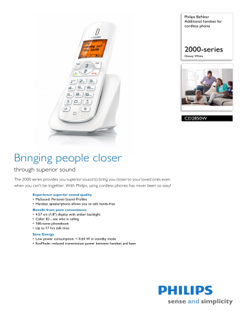 Philips CD2850W/38 BeNear Additional handset for cordless phone Product Datasheet | Manualzz
