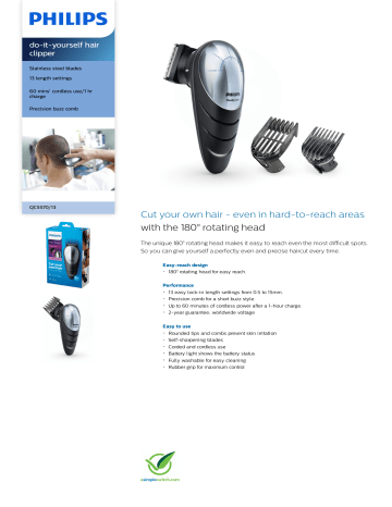 Philips Qc5570 13 Do It Yourself Hair Clipper Product Datasheet Manualzz - Philips Diy Hair Clipper With Rotating Head
