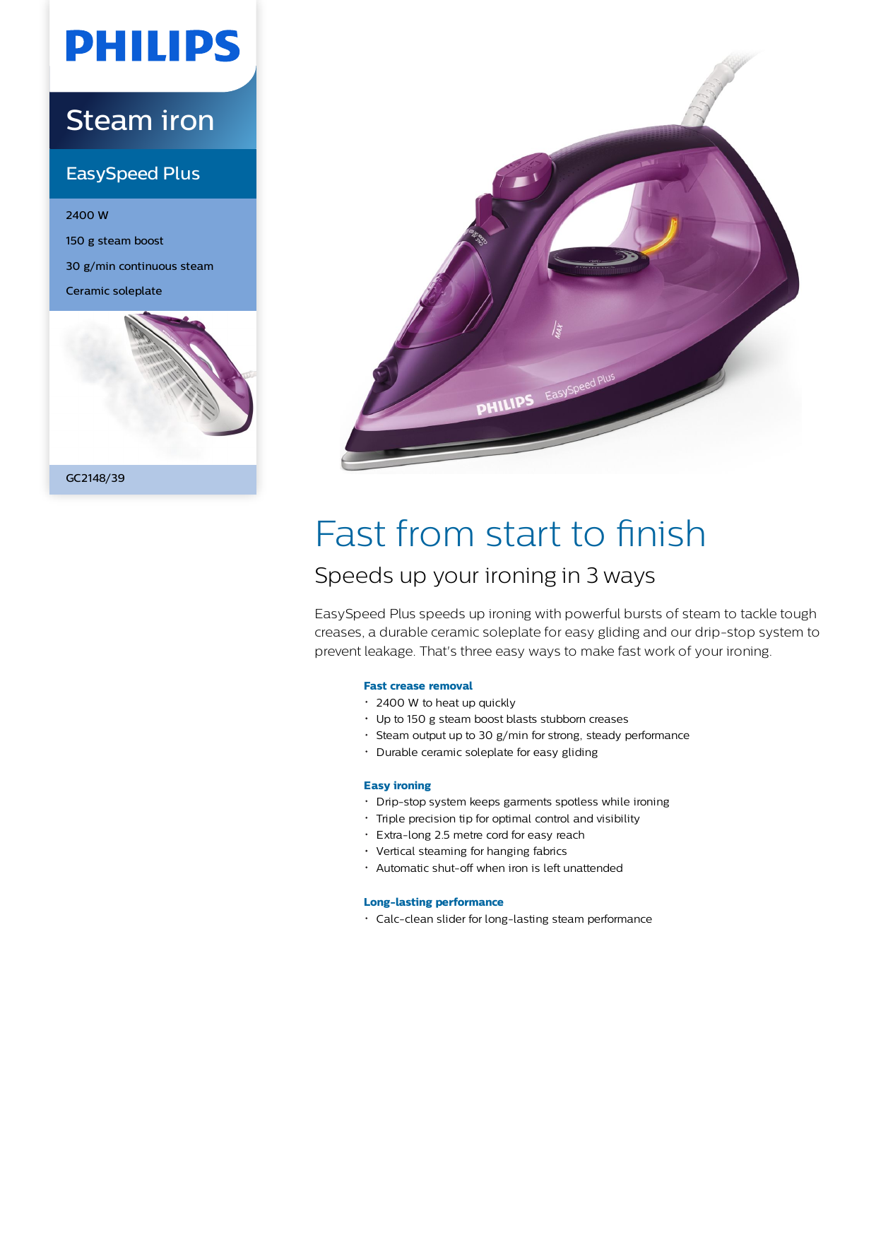 U.S. dollar Inquiry Try out Philips GC2148/39 EasySpeed Plus Steam iron Product Datasheet | Manualzz