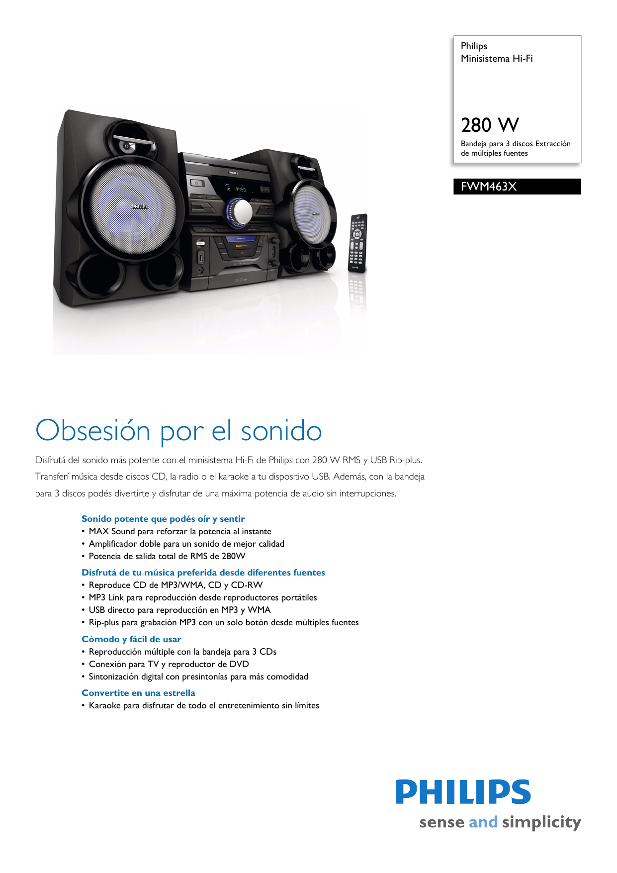 Philips FWM463X/77 Minisistema Hi-Fi Hoja De Datos Del, 51% OFF