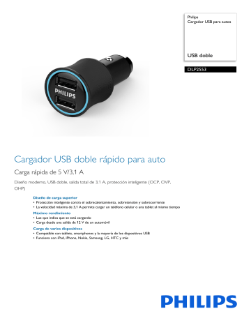 Philips DLP2553/97 Cargador USB para autos Hoja de datos del producto | Manualzz