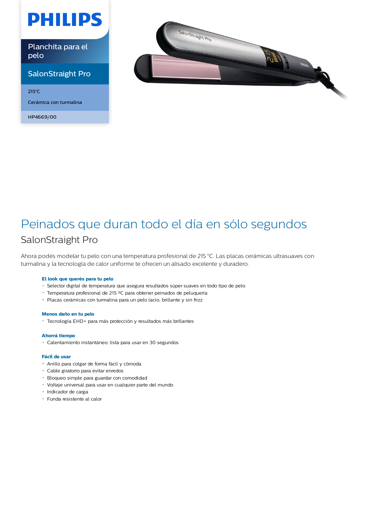 Philips HP4669/00 SalonStraight Pro Plancha para el pelo Manual de usuario  | Manualzz