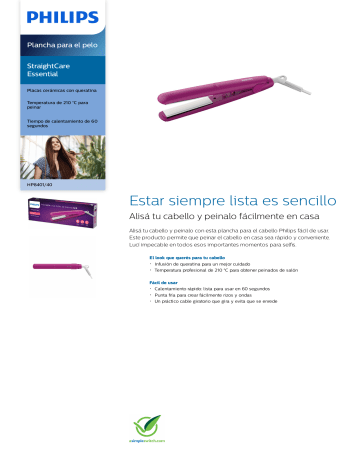 Philips HP8401/40 StraightCare Essential Plancha para el pelo Manual de  usuario | Manualzz