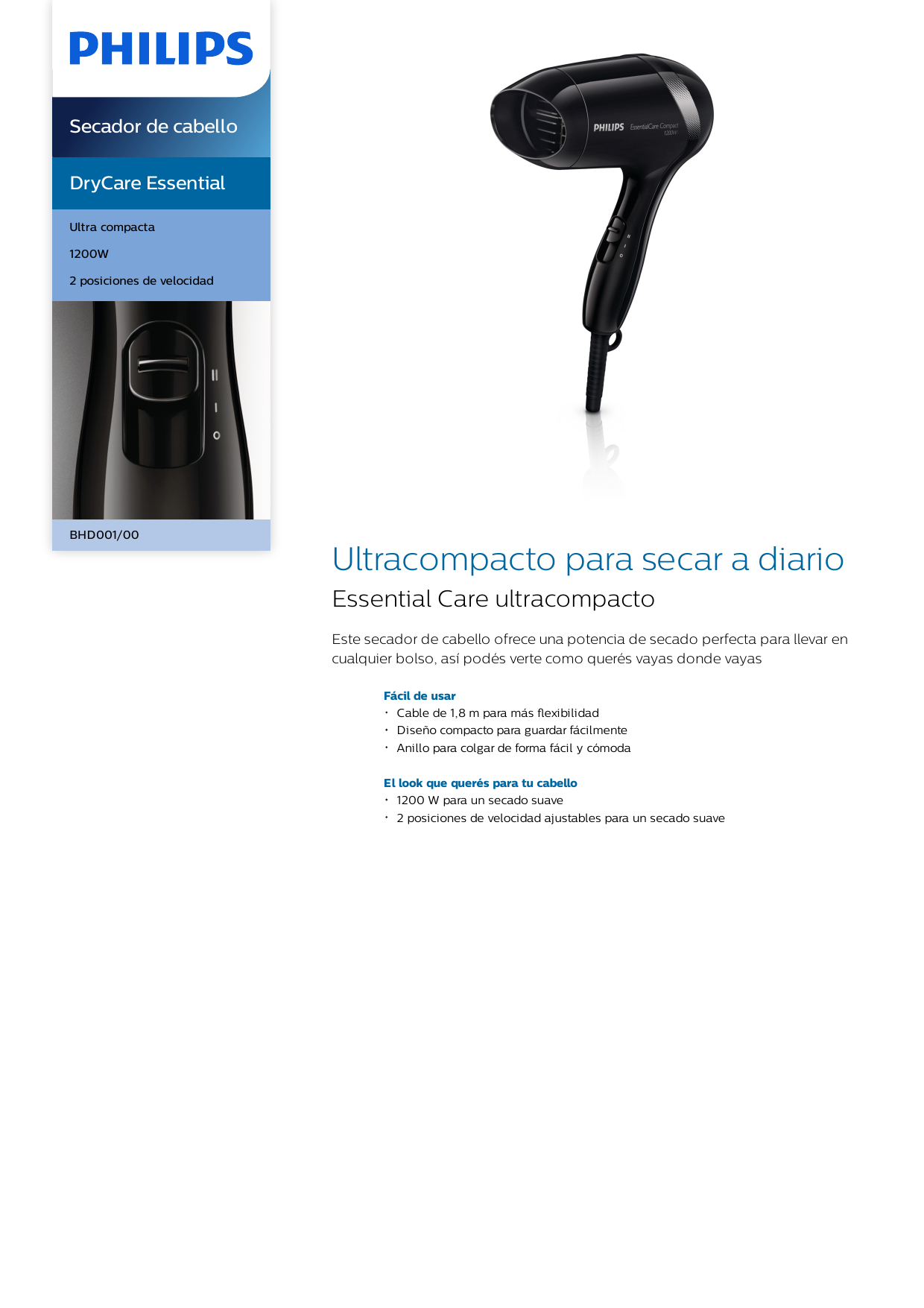 Philips BHD001/00 DryCare Essential Secador de cabello Manual de usuario |  Manualzz