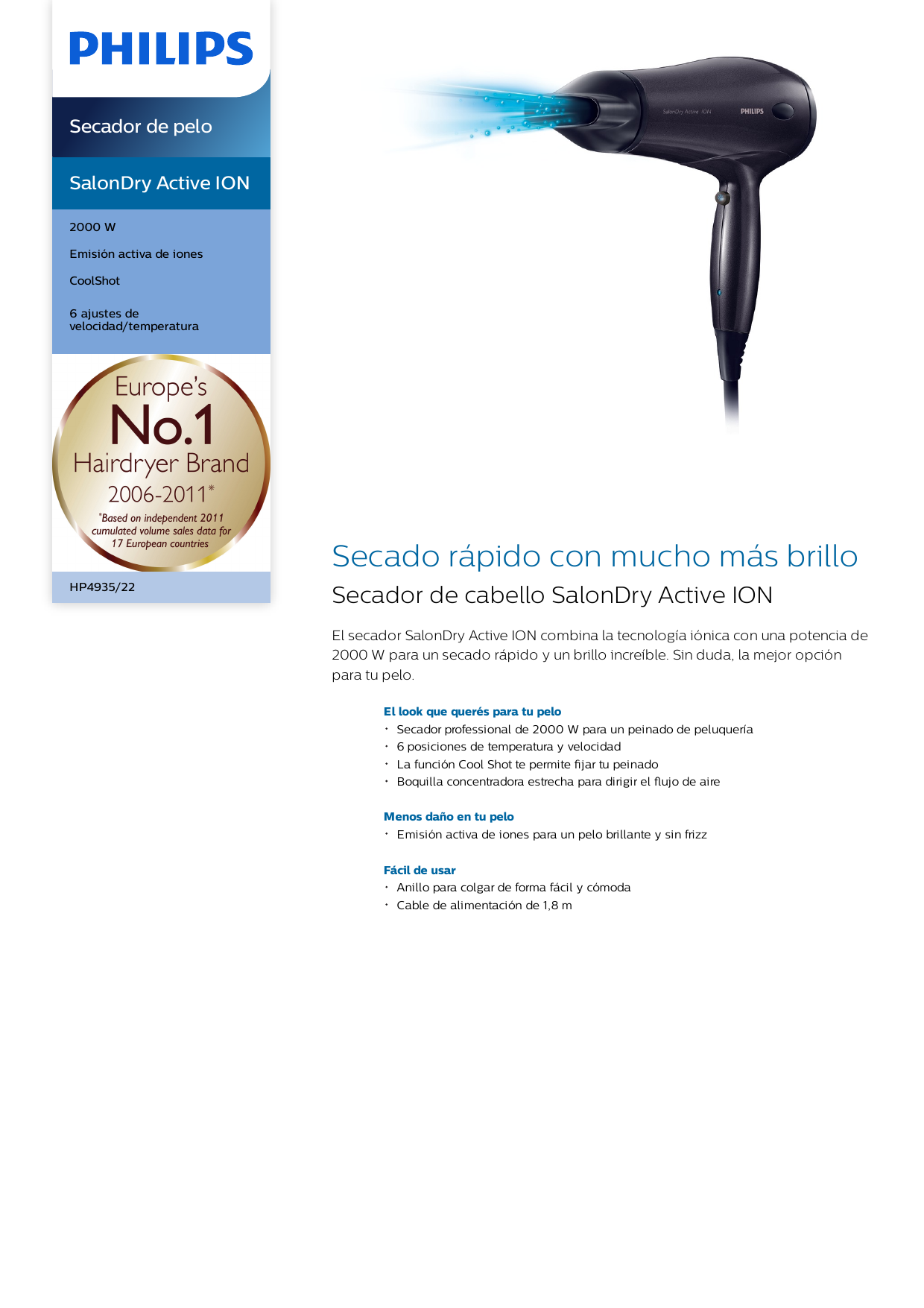 Philips HP4935/22 DryCare Essential Secador de cabello Manual de usuario |  Manualzz
