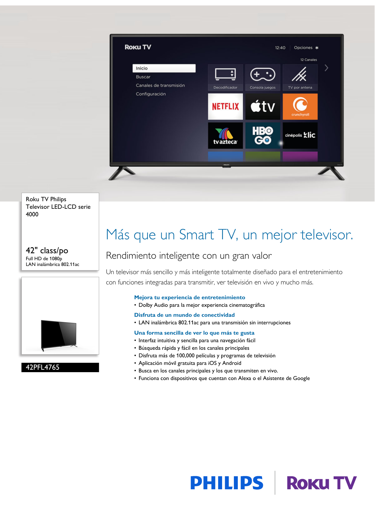 TV Philips 42 Pulgadas Full HD Smart TV LED 42PFL4765/F8