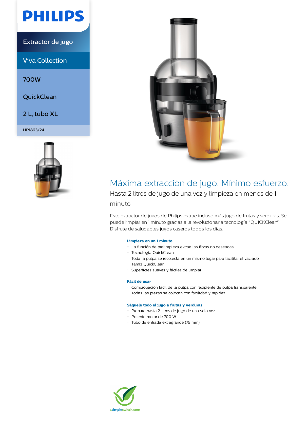 Ripley - EXTRACTOR DE JUGOS PHILIPS HR1922/20