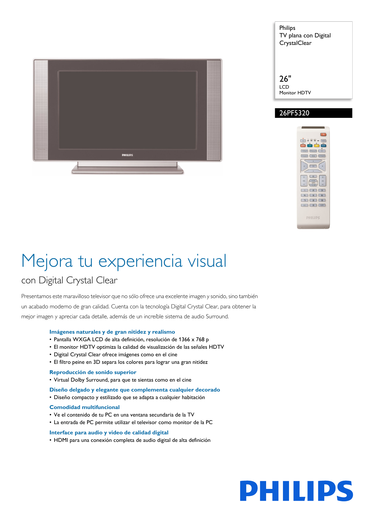 MANDO COMPATIBLE CON VARIOS MODELOS DE PHILIPS LCD, TV 26PF5320