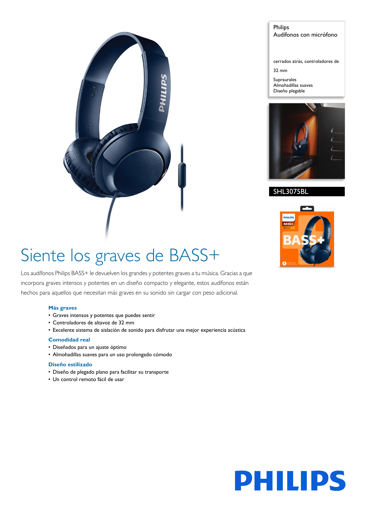 Philips SHL3075BL 00 Aud fonos con micr fono Hoja de datos del