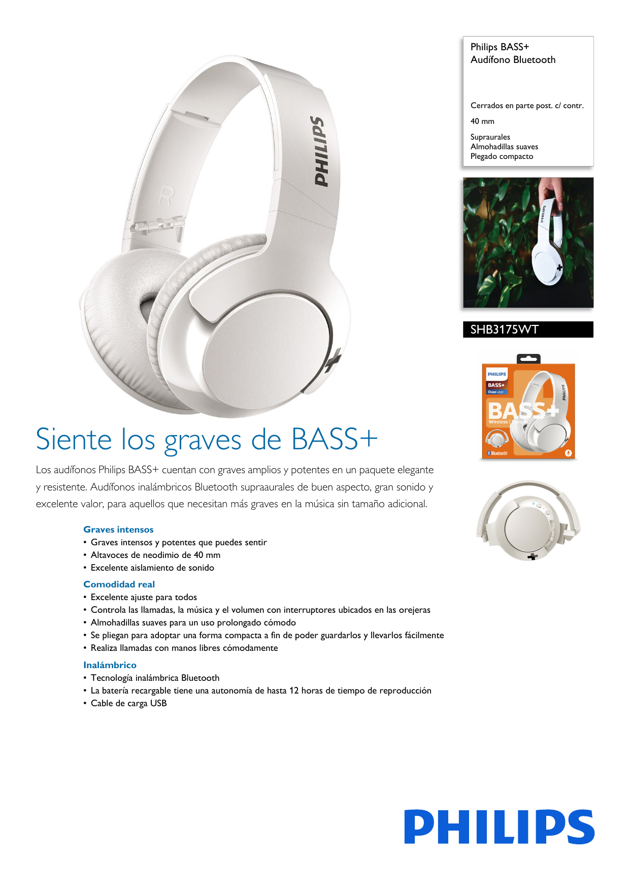 Philips SHB3175WT/00 Audífono Bluetooth Manual de usuario | Manualzz