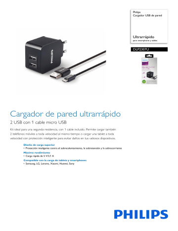 Philips DLP2307U/12 Cargador USB de pared Hoja de datos del producto | Manualzz