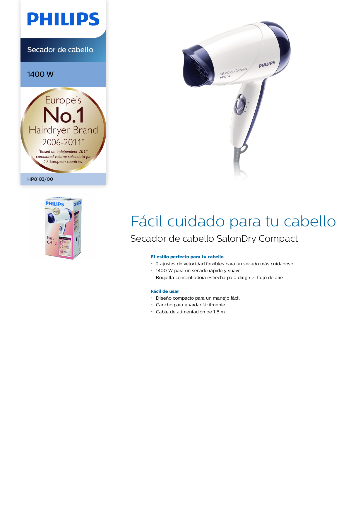 Philips HP8103/00 Secador de cabello Manual de usuario | Manualzz