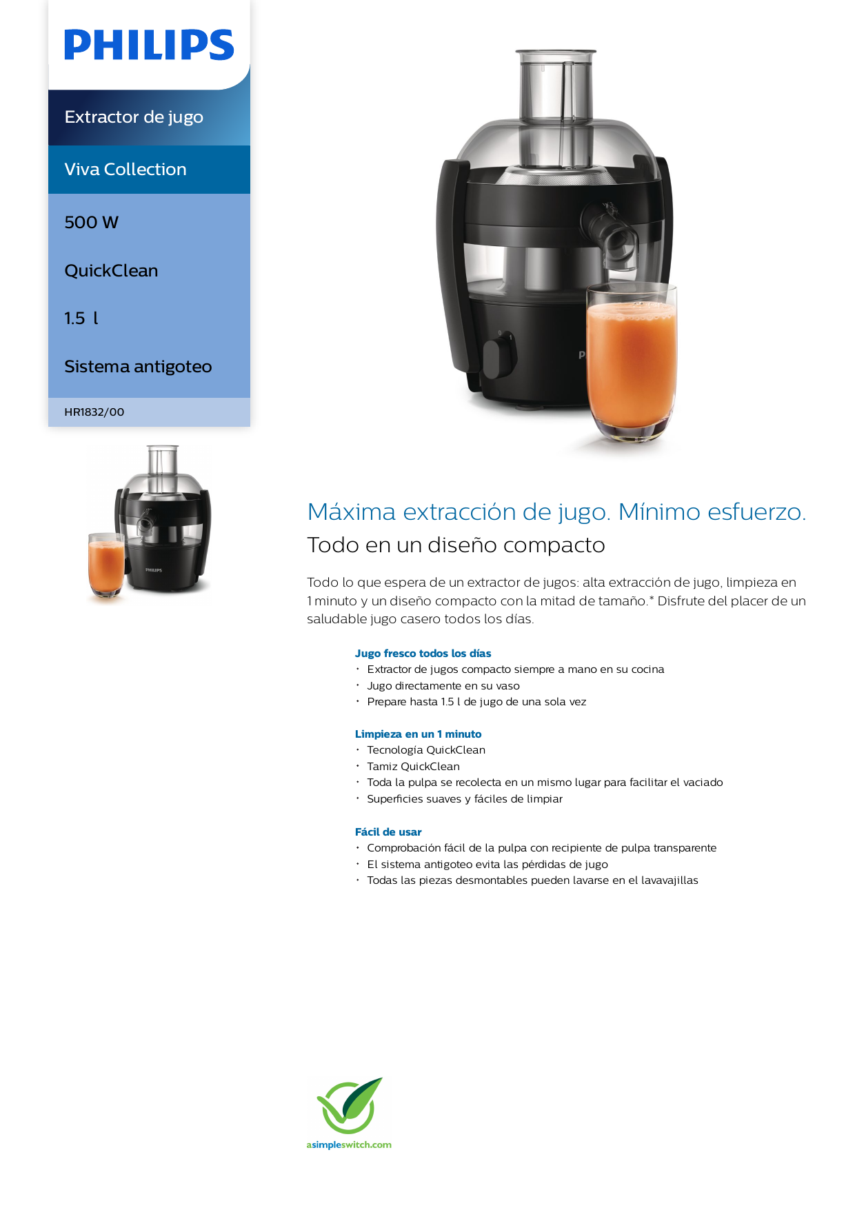 Viva Collection Extractor de jugo HR1832/00