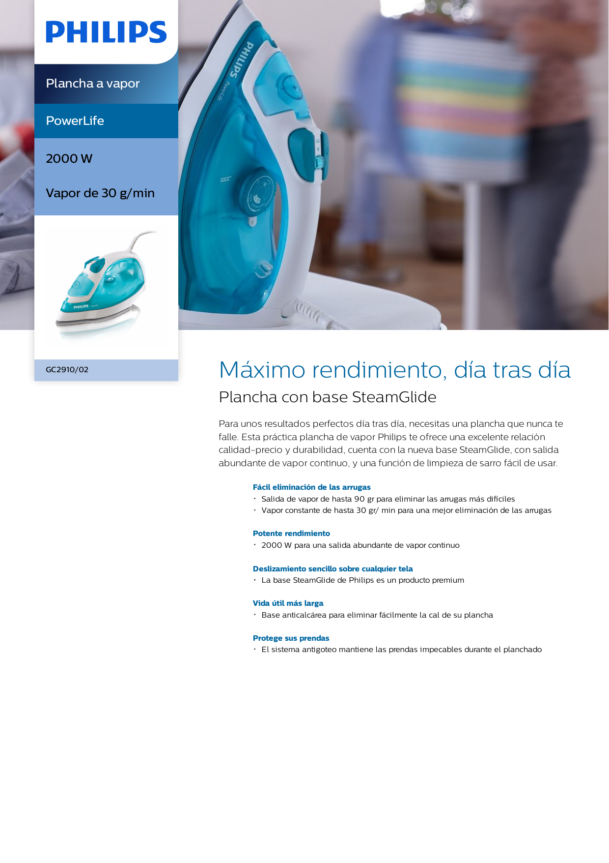 Philips GC2910/02 PowerLife Plancha de vapor Manual de usuario | Manualzz