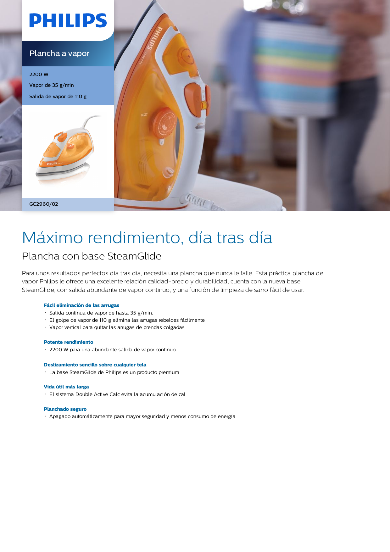 Philips GC2960/02 Plancha de vapor Manual de usuario | Manualzz