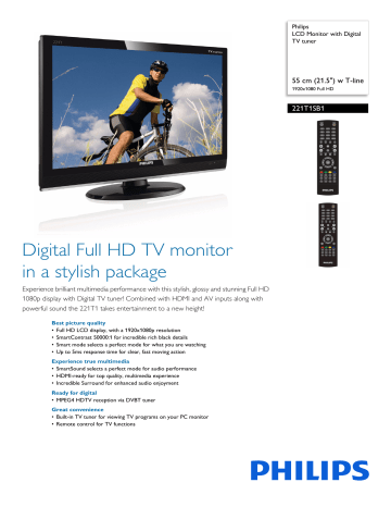 Philips 221T1SB1/00 LCD Monitor with Digital TV tuner Product Datasheet | Manualzz