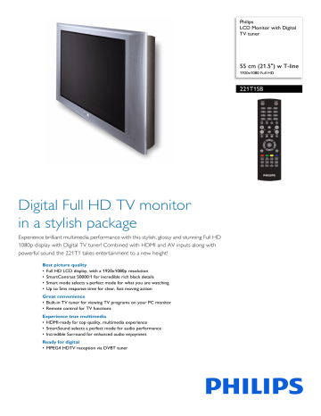 Philips 221T1SB/00 LCD Monitor with Digital TV tuner Product Datasheet | Manualzz